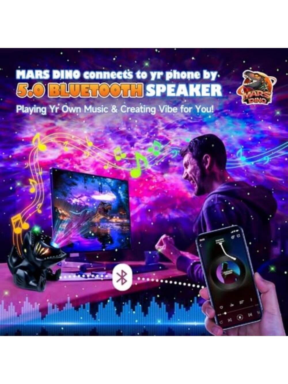 Dinosaur Night Light Projector & Sound Machine, Bluetooth, Remote Control, Baby - Picture 4 of 6